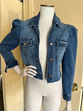 TGLA stretch denim puff sleeve jean cropped jacket
